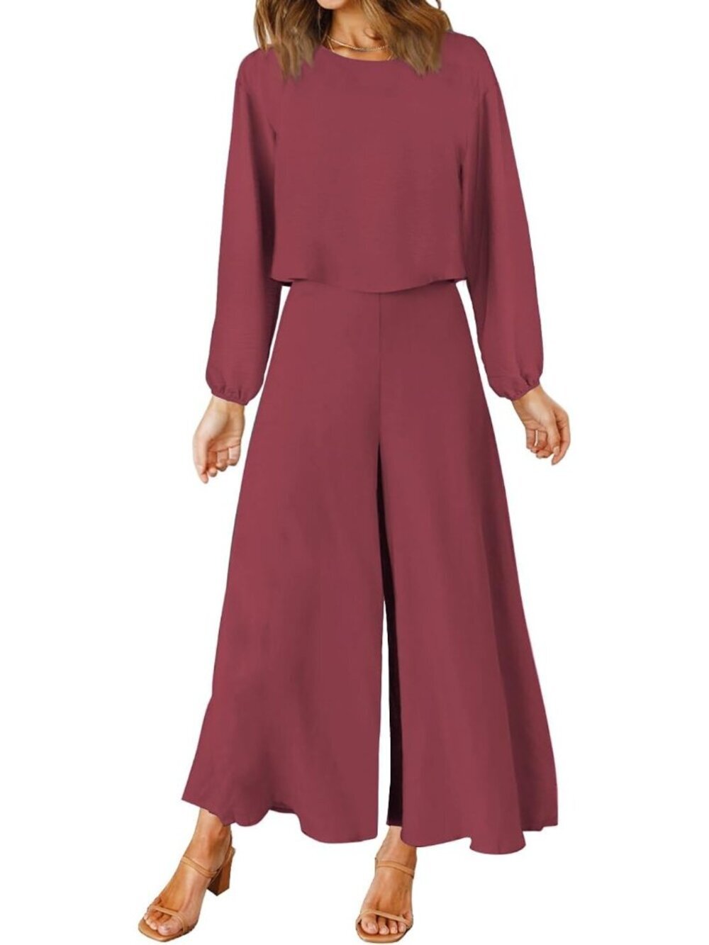 Women's Summer 2 Piece Fuchsia Round Neck Crop Top Cropped Wide Leg Jumpsuit